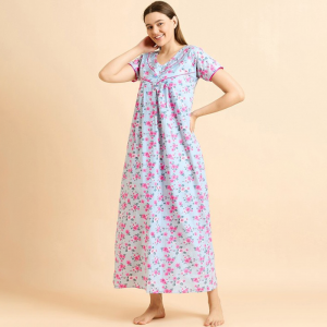 Blue Pure Cotton Printed Maxi Nightdress