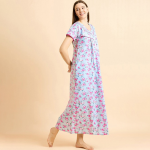 Blue Pure Cotton Printed Maxi Nightdress