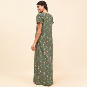 Green Floral Printed Cotton Maxi Nightdress